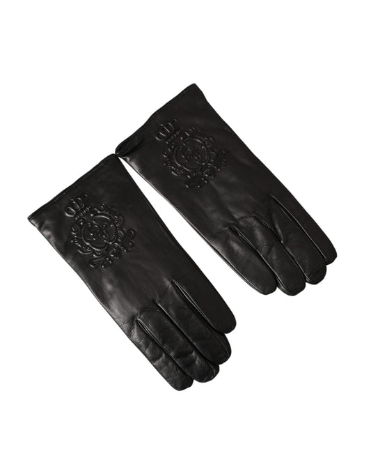 Dolce &amp; Gabbana Black Leather Embossed Logo Short Hands Gloves