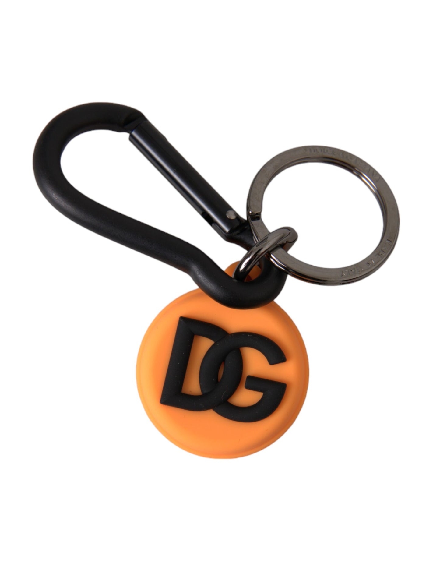 Dolce &amp; Gabbana Orange Rubber DG Logo Round Brass Metal Keyring Keychain