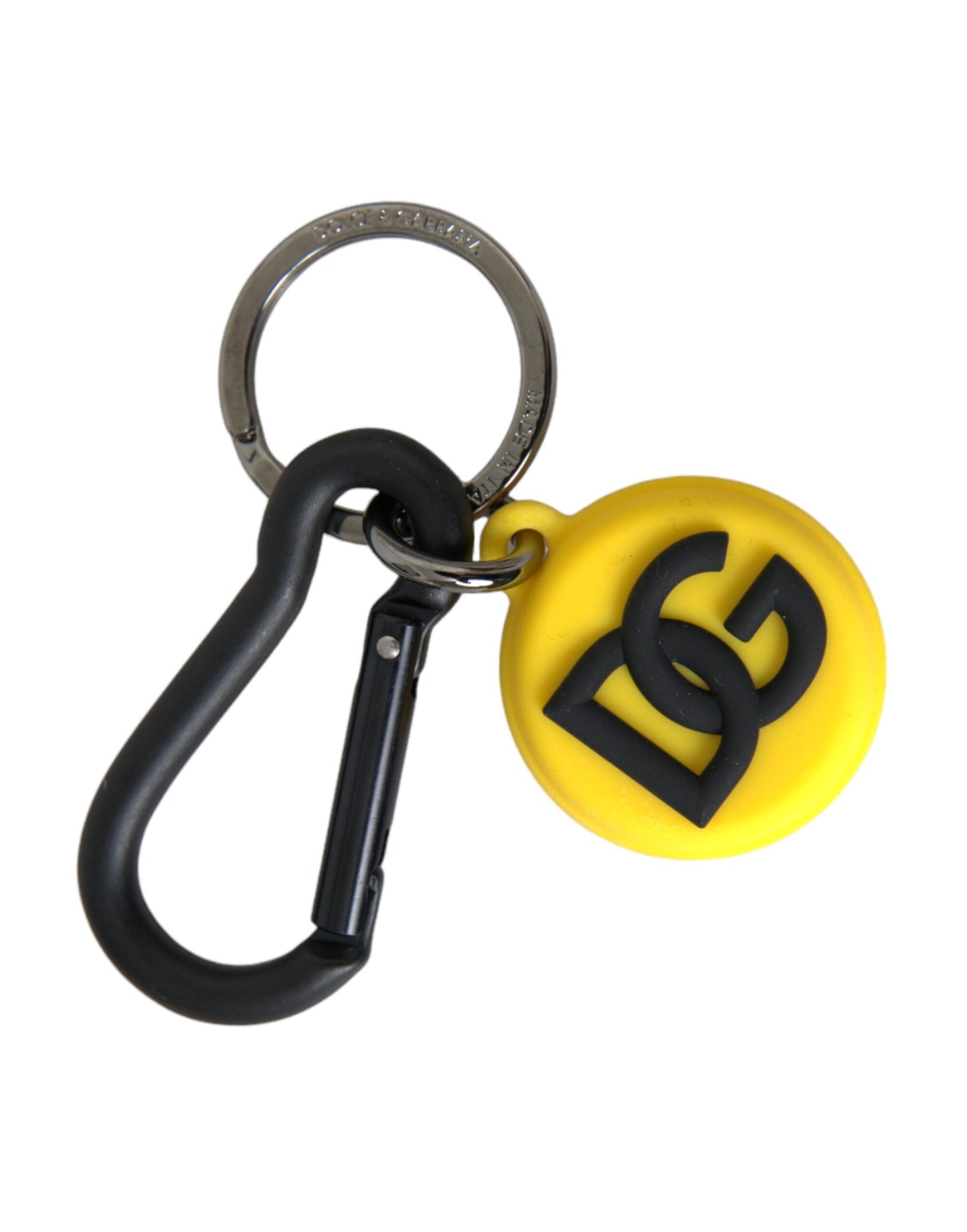 Dolce &amp; Gabbana Yellow Rubber DG Logo Round Brass Metal Keyring Keychain