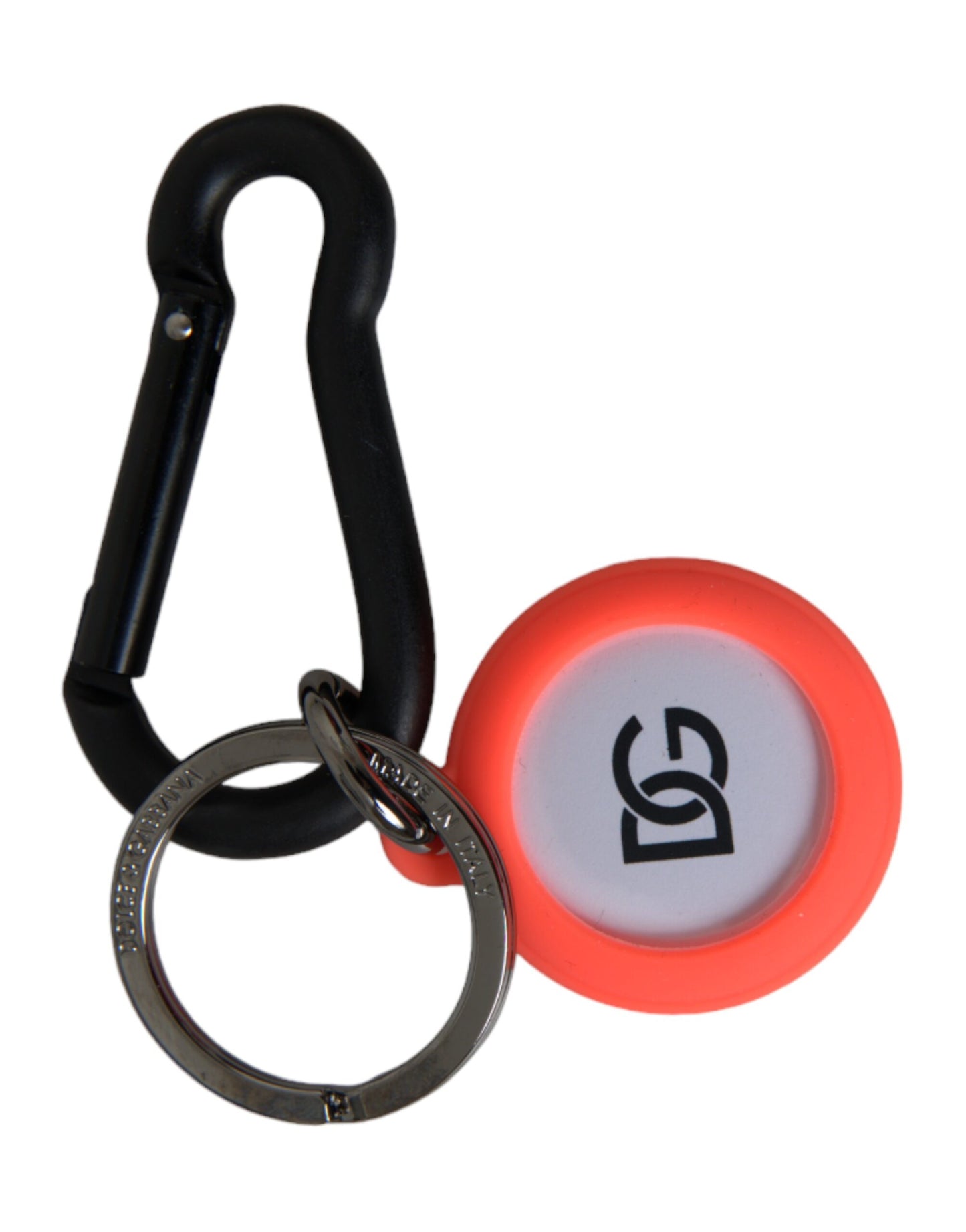 Dolce &amp; Gabbana Red Orange Rubber DG Logo Round Metal Keyring Keychain