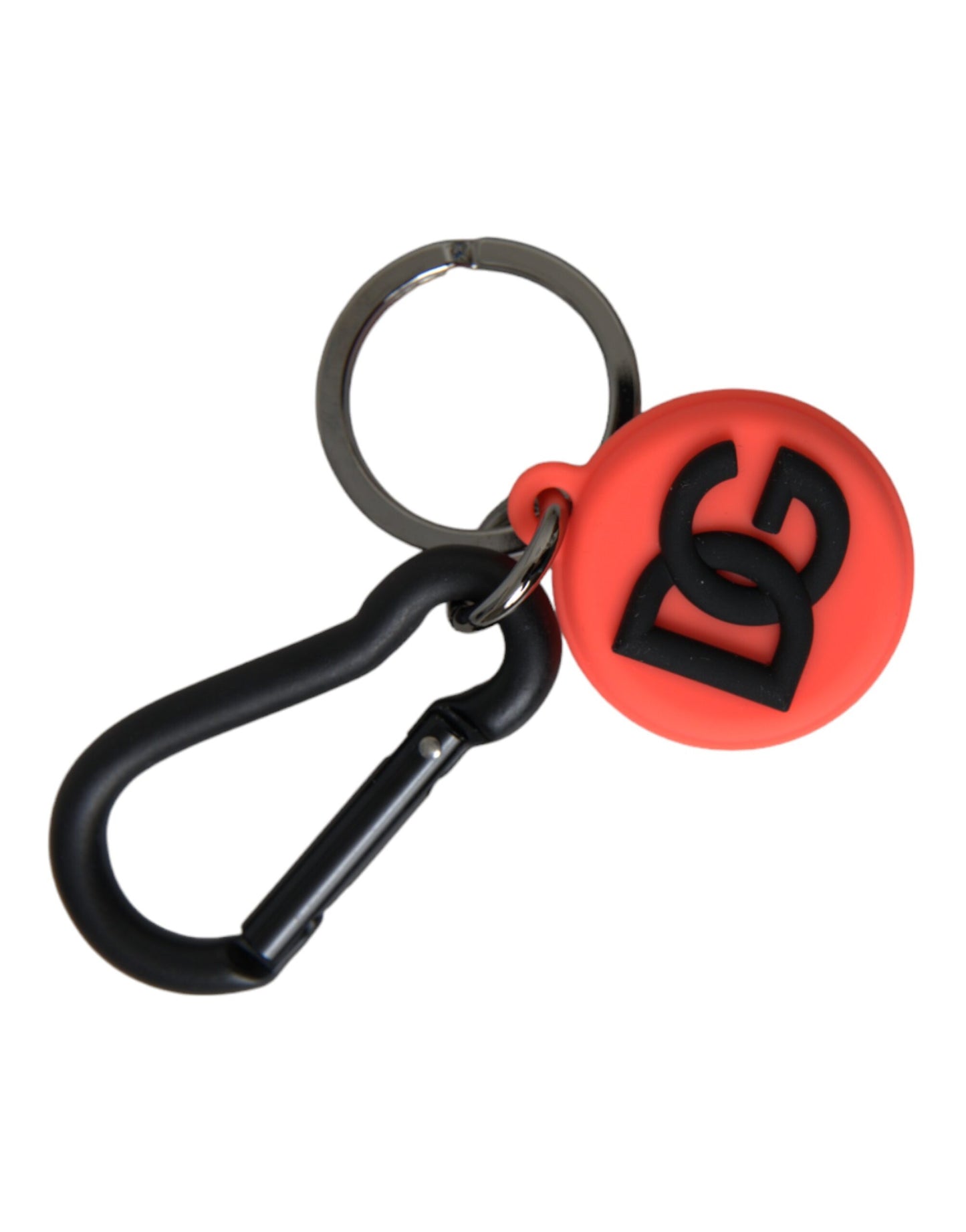 Dolce &amp; Gabbana Red Orange Rubber DG Logo Round Metal Keyring Keychain