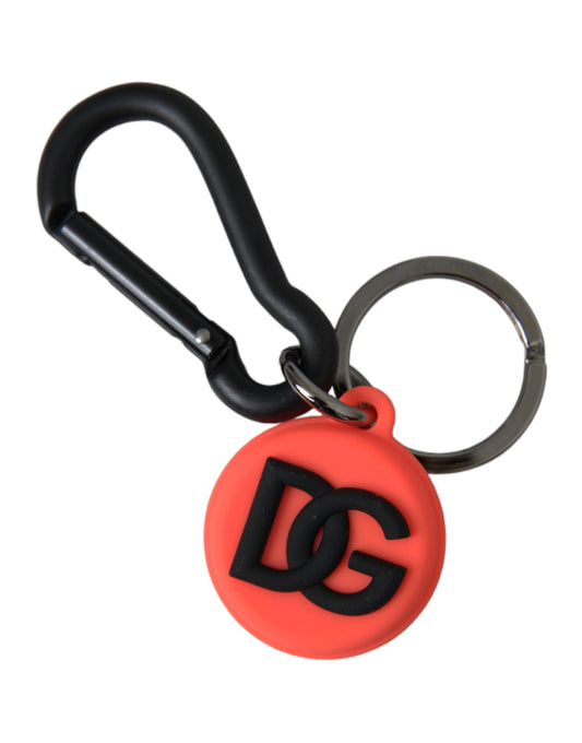 Dolce &amp; Gabbana Red Orange Rubber DG Logo Round Metal Keyring Keychain