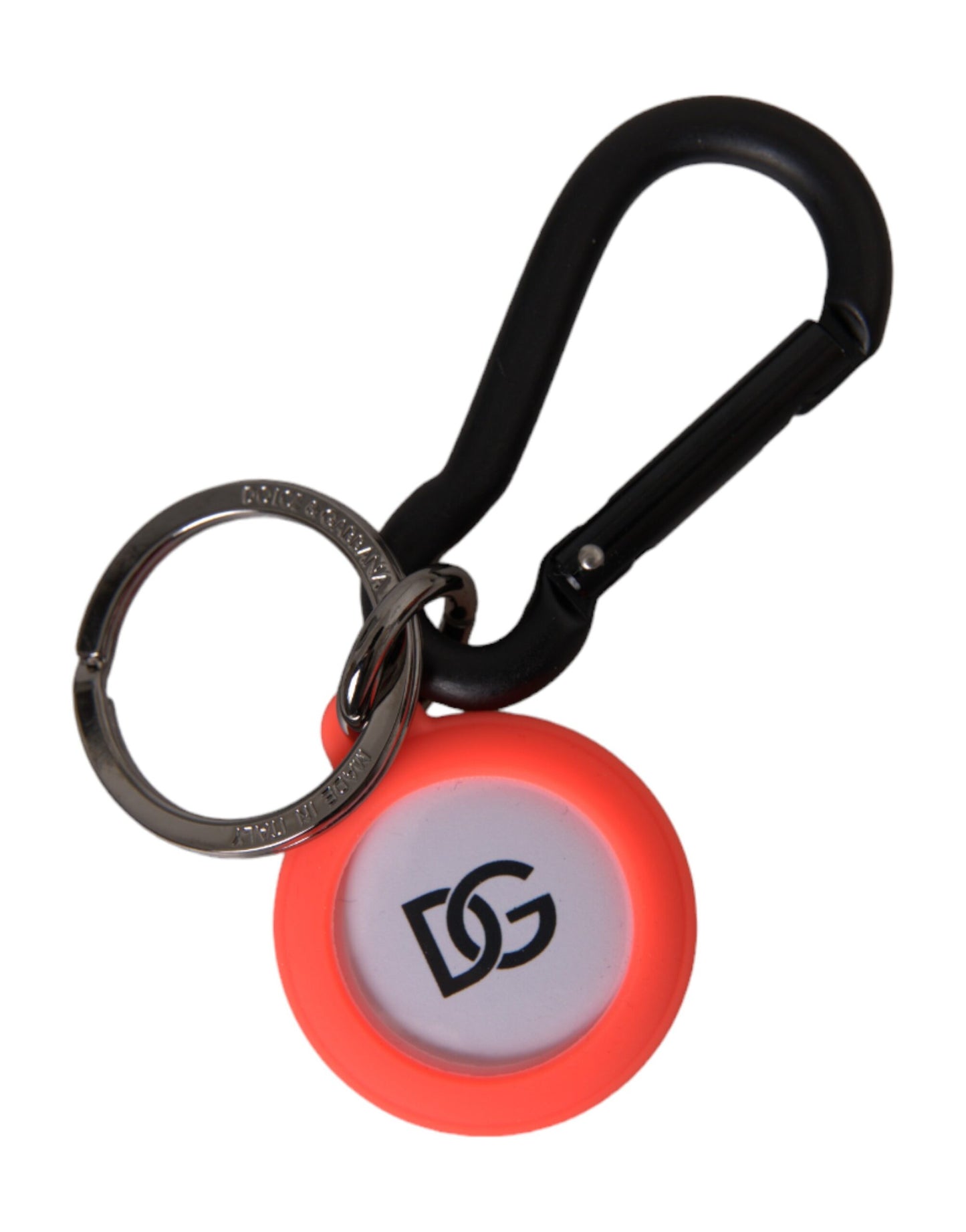 Dolce &amp; Gabbana Red Orange Rubber DG Logo Round Metal Keyring Keychain