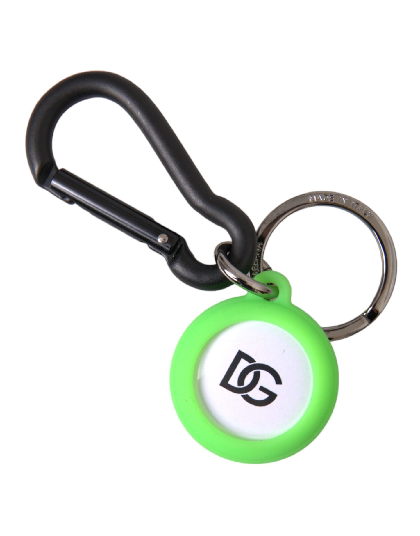 Dolce &amp; Gabbana Green Rubber DG Logo Round Brass Metal Keyring Keychain