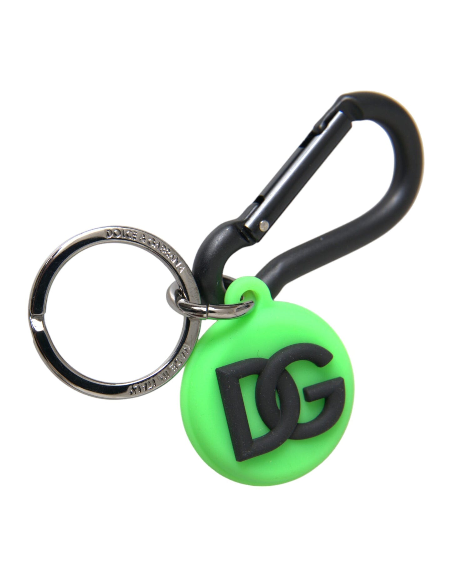 Dolce &amp; Gabbana Green Rubber DG Logo Round Brass Metal Keyring Keychain