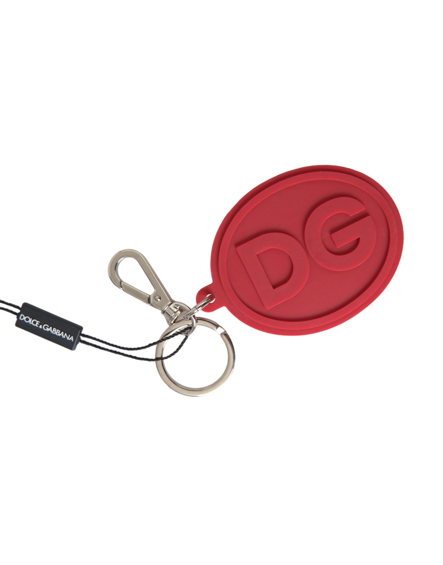 Dolce &amp; Gabbana Red Rubber DG Logo Silver Brass Metal Keyring Keychain