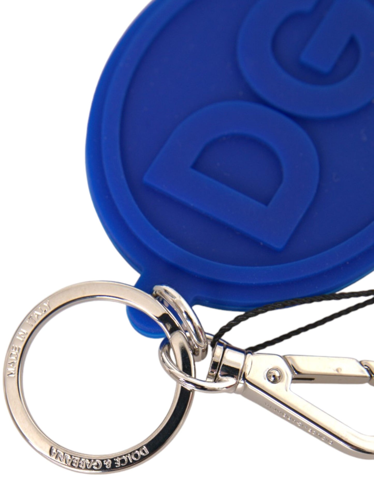 Dolce &amp; Gabbana Blue Rubber DG Logo Silver Brass Metal Keyring Keychain