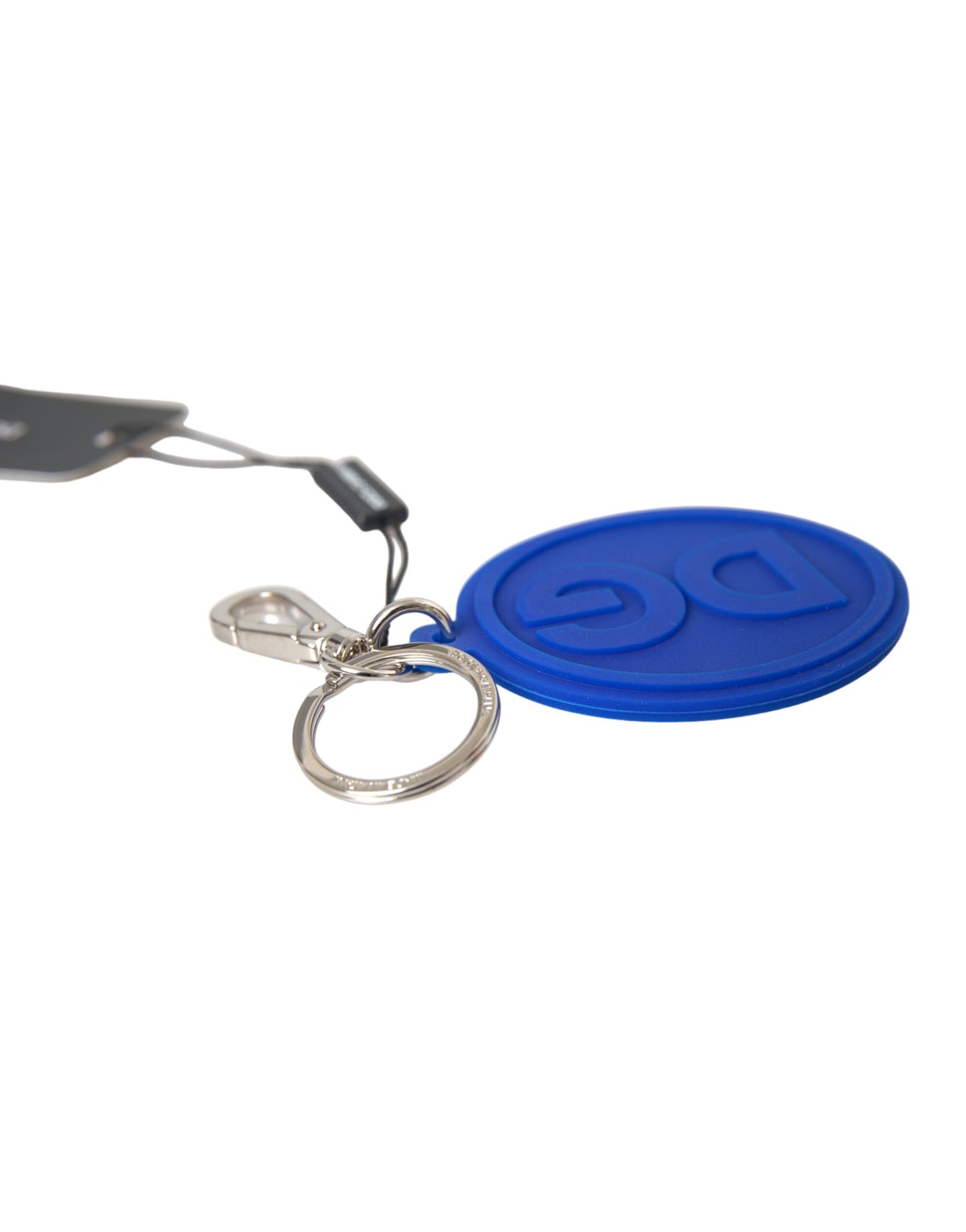 Dolce &amp; Gabbana Blue Rubber DG Logo Silver Brass Metal Keyring Keychain