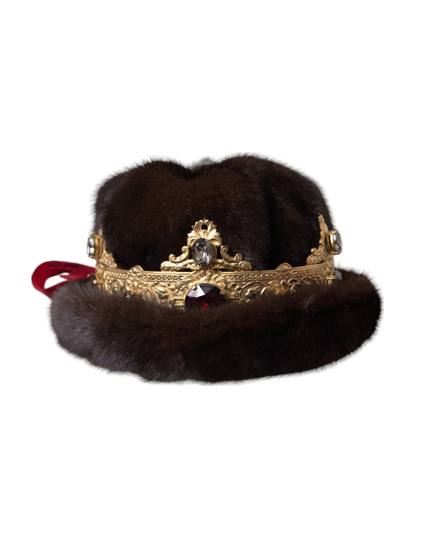 Dolce & Gabbana Dark Brown Mink Fur Gold Crystal Crown Hat