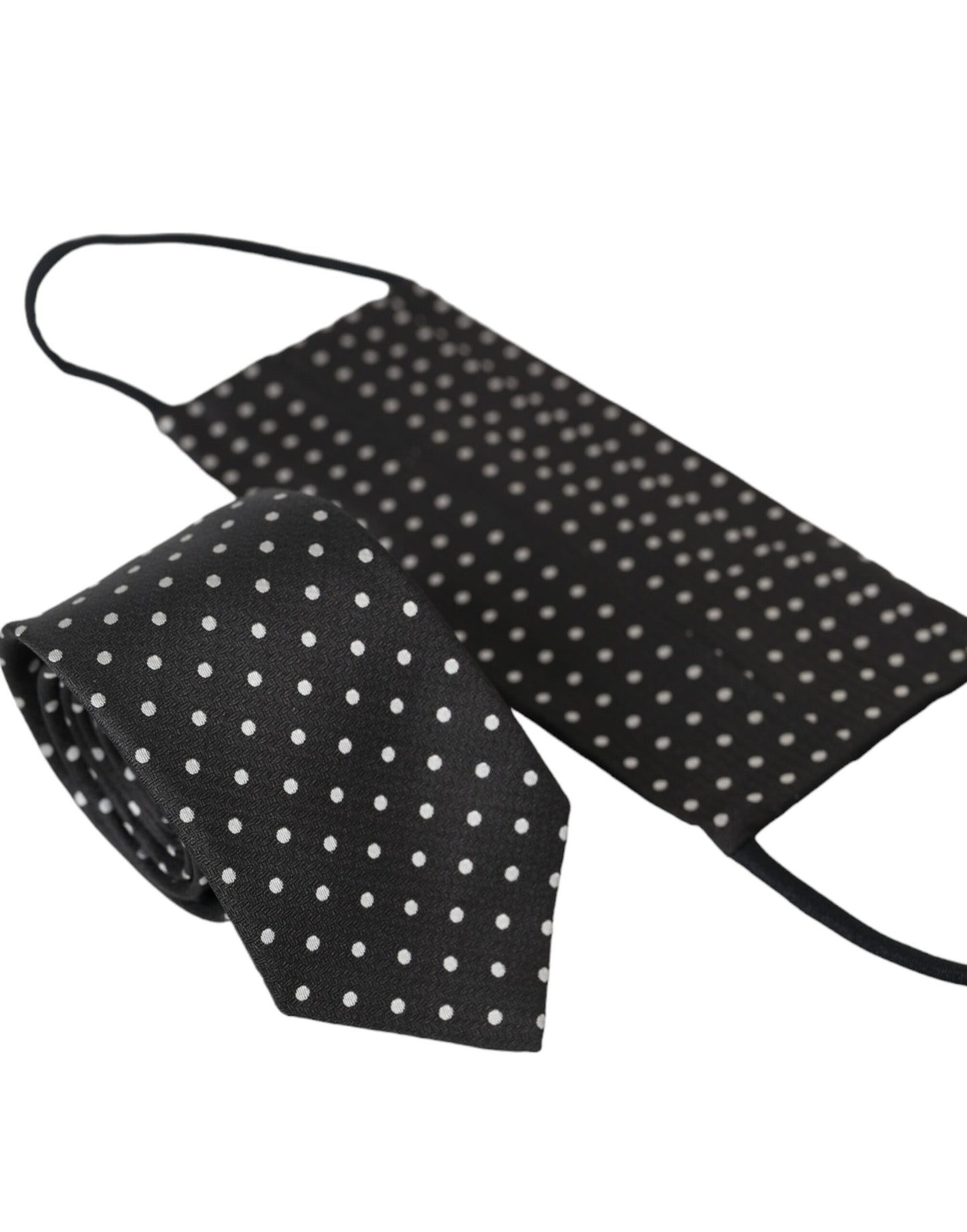 Dolce &amp; Gabbana Black White Polka Dots 100% Silk Necktie Face Mask