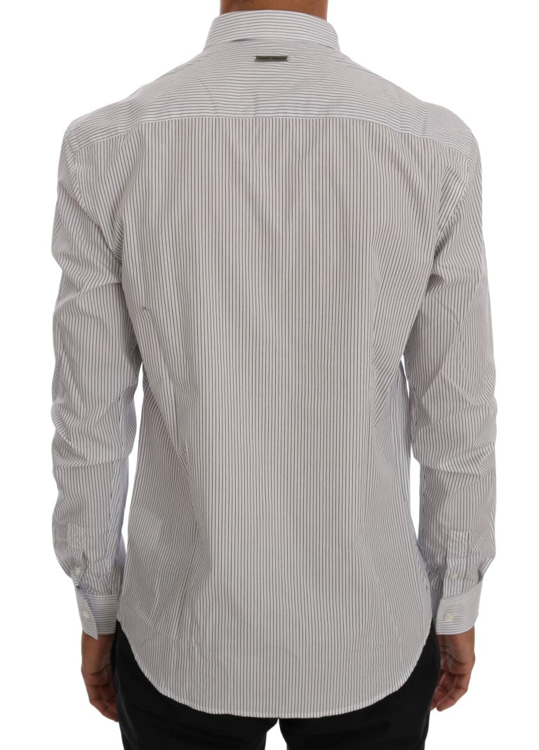 Frankie Morello Elegant White &amp; Blue Striped Casual Shirt