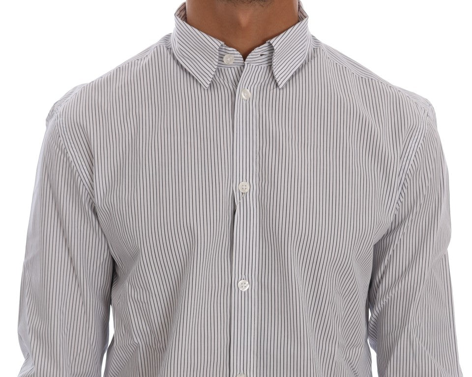 Frankie Morello Elegant White &amp; Blue Striped Casual Shirt