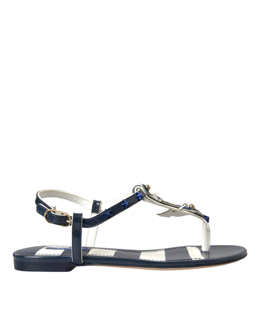 Dolce &amp; Gabbana Blue Stripes Leather Studded Flats Sandals Shoes