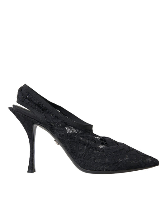 Dolce & Gabbana Black Lace Stretch Heels Slingbacks Shoes