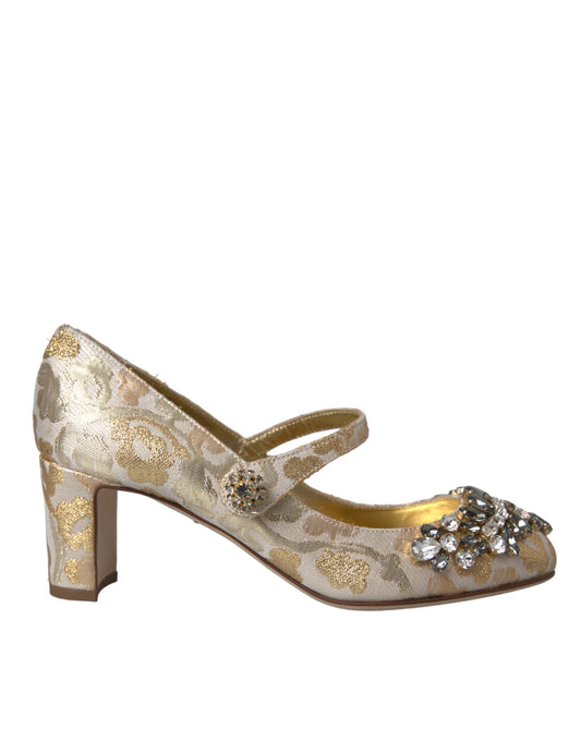 Dolce &amp; Gabbana Gold Jacquard Crystal Mary Janes Pumps Shoes