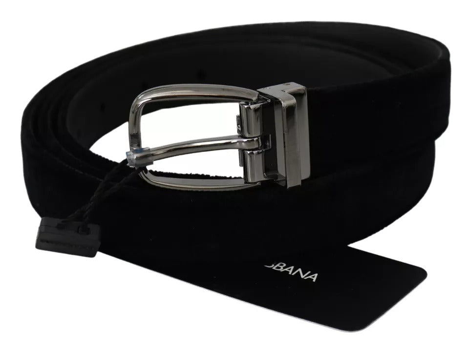 Dolce &amp; Gabbana Black Velvet Silver Tone Metal Buckle Men Belt