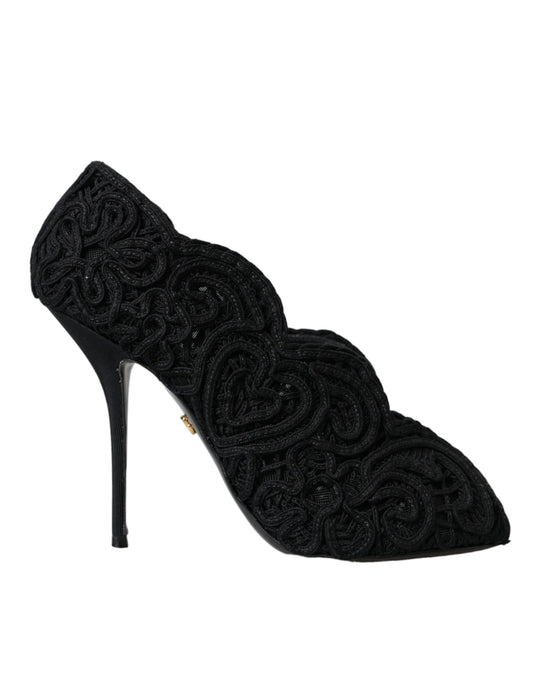 Dolce &amp; Gabbana Black Cordonetto Ricamo Pump Open Toe Shoes