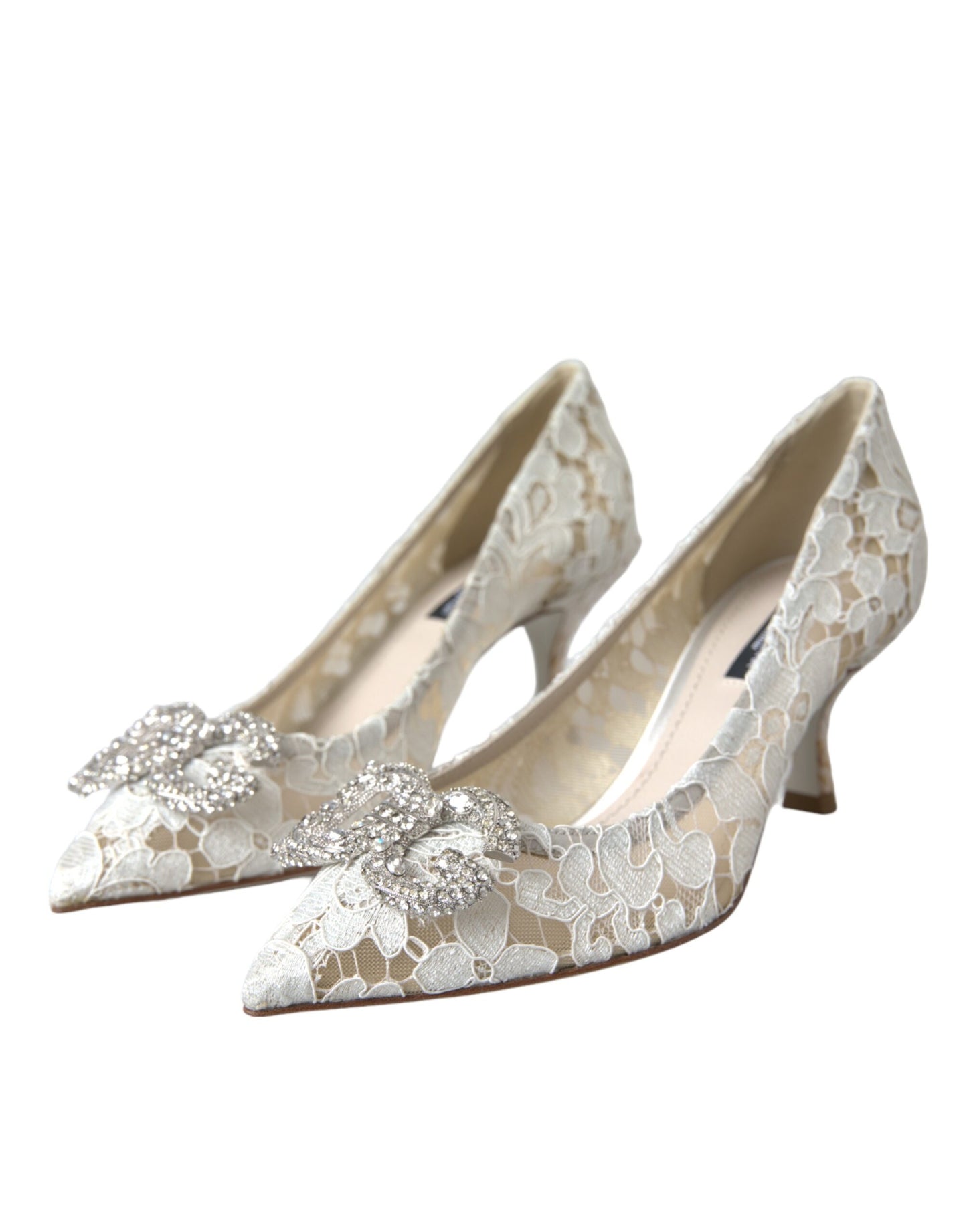 Dolce &amp; Gabbana White Floral Lace DG Crystal Pumps Shoes