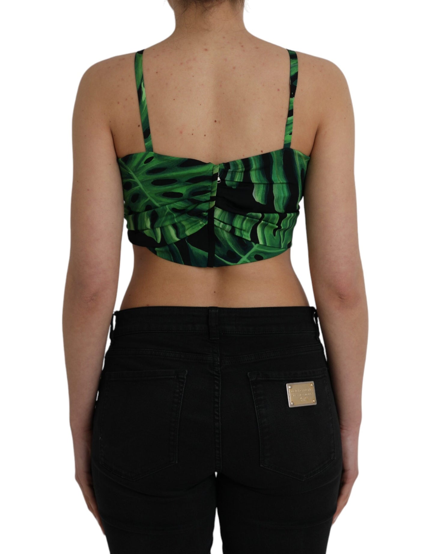 Dolce &amp; Gabbana Black Green Leaf Silk Halter Cropped Top