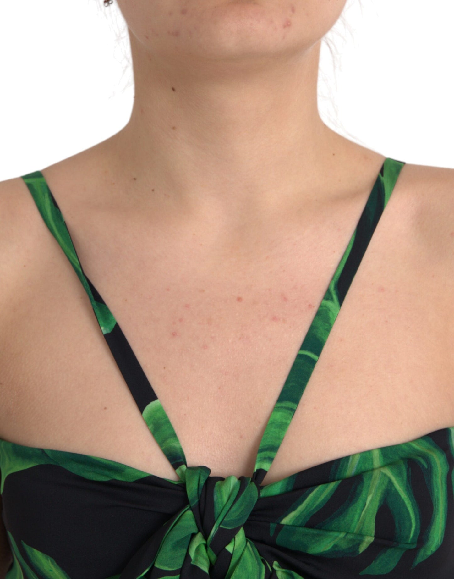 Dolce &amp; Gabbana Black Green Leaf Silk Halter Cropped Top