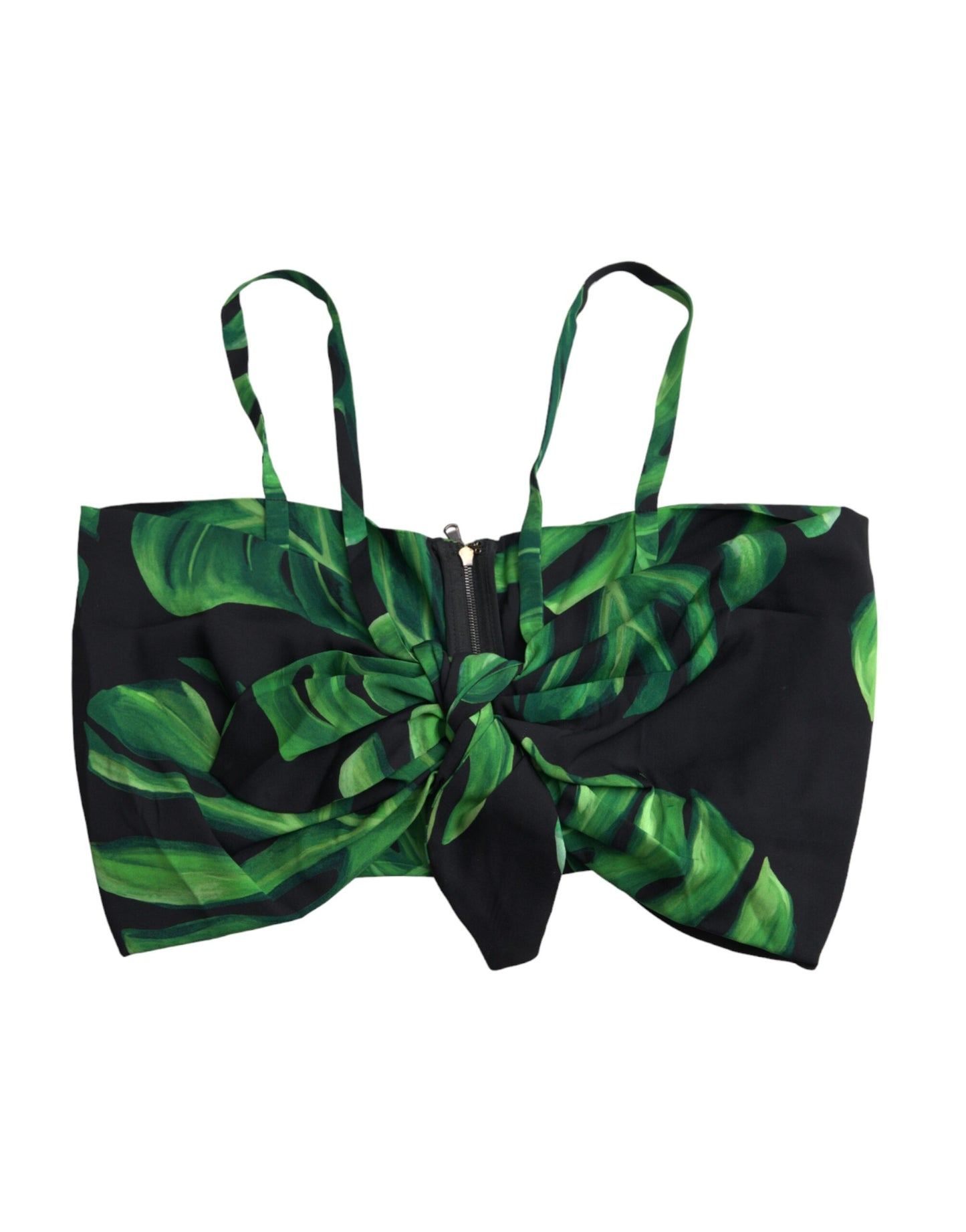 Dolce &amp; Gabbana Black Green Leaf Silk Halter Cropped Top