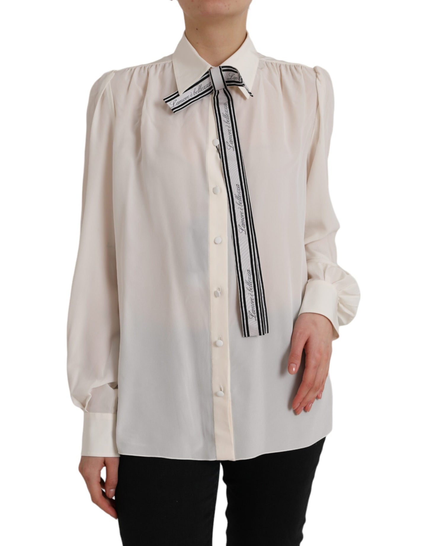 Dolce &amp; Gabbana Off White Long Sleeve Button Down Blouse Top