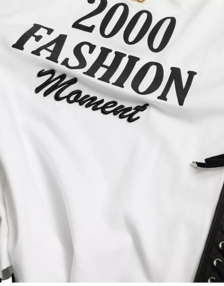 Dolce & Gabbana White Slogan Print Lacing Detailed T-shirt