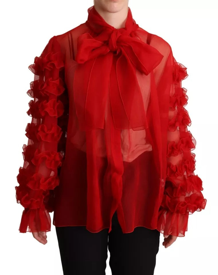 Dolce & Gabbana Red Silk Ascot Collar Ruffles Blouse Top