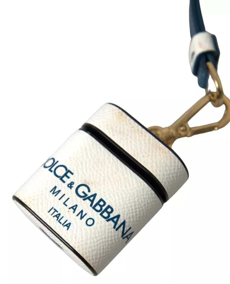 Dolce & Gabbana White Blue Calf Leather Logo Print Strap Airpods Case