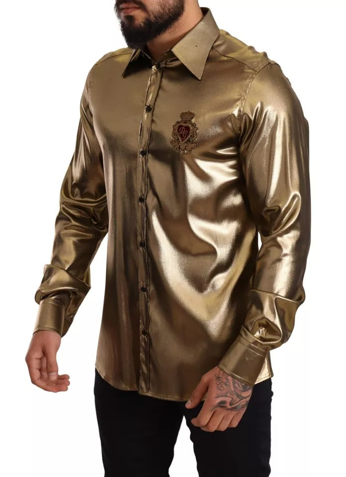 Dolce &amp; Gabbana Metallic Gold DG Embroidered Crown Silk Top Shirt