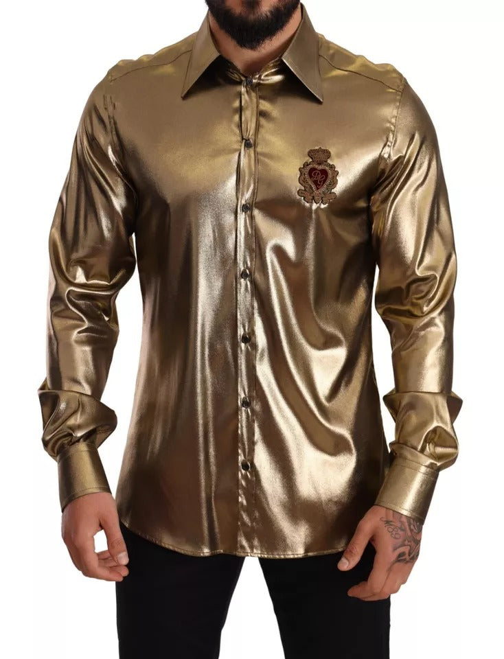 Dolce &amp; Gabbana Metallic Gold DG Embroidered Crown Silk Top Shirt