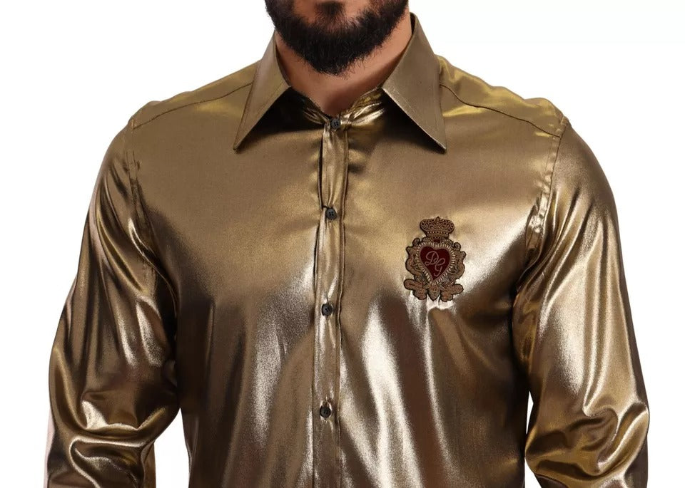 Dolce &amp; Gabbana Metallic Gold DG Embroidered Crown Silk Top Shirt