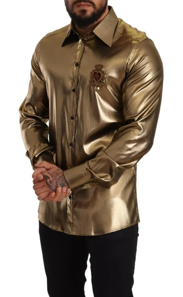 Dolce &amp; Gabbana Metallic Gold DG Embroidered Crown Silk Top Shirt