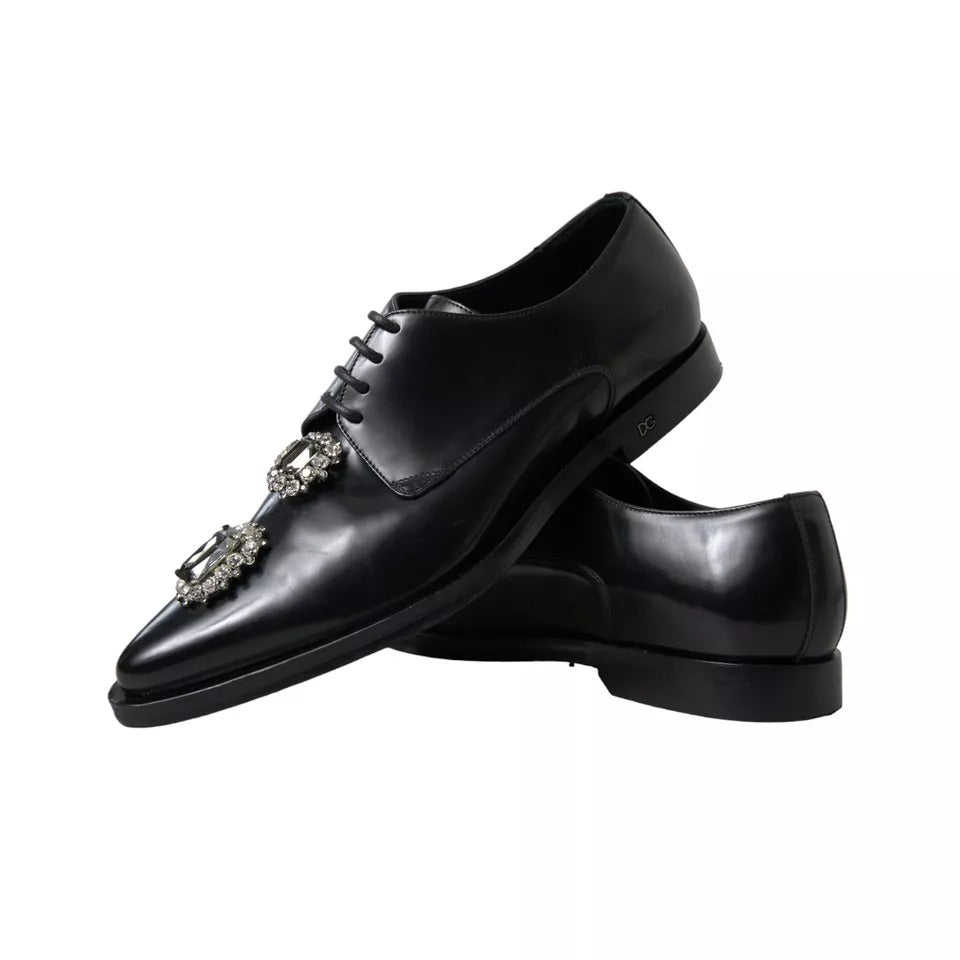 Dolce &amp; Gabbana Black Leather Crystal Lace Up Formal Shoes