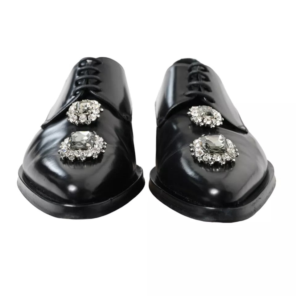 Dolce &amp; Gabbana Black Leather Crystal Lace Up Formal Shoes