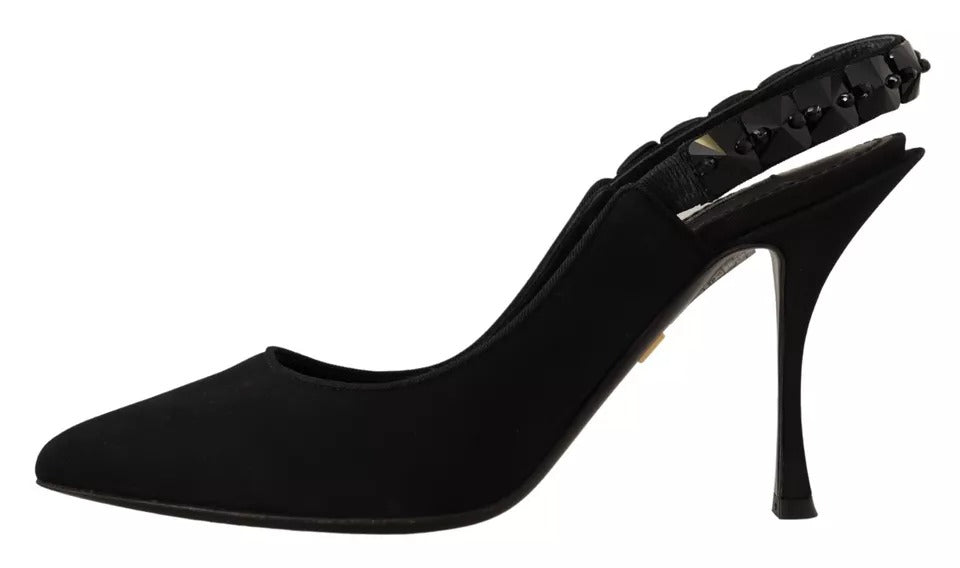 Dolce & Gabbana Black Embellished Heels Slingback Charmeuse Shoes