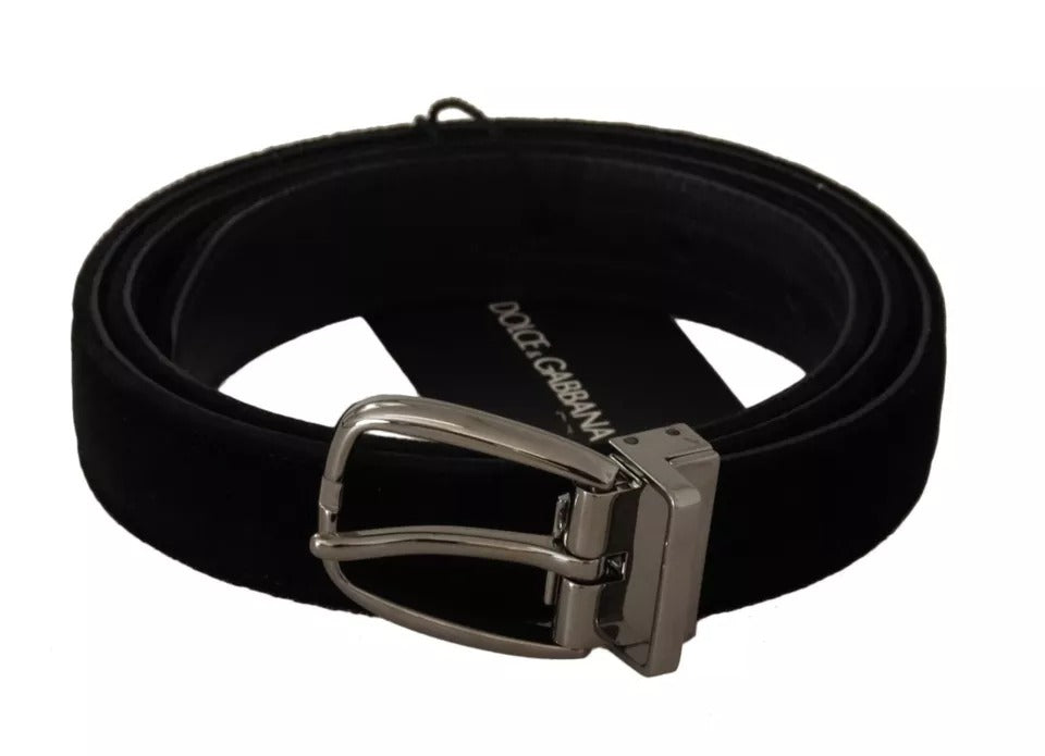 Dolce &amp; Gabbana Black Velvet Silver Tone Metal Buckle Belt