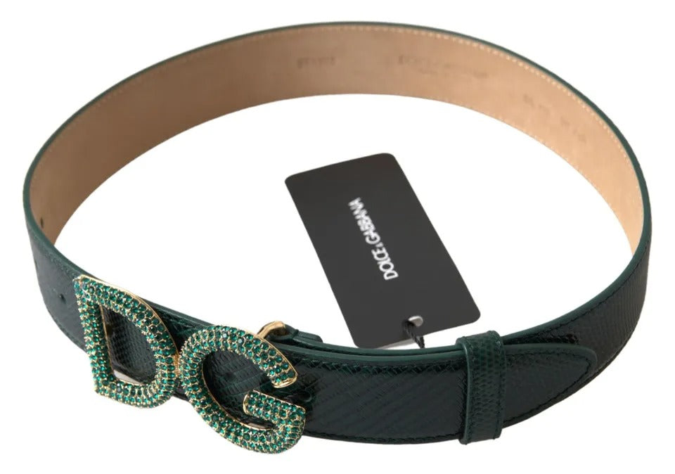 Dolce & Gabbana Green Iguana Leather DG Crystal Gold Buckle Belt