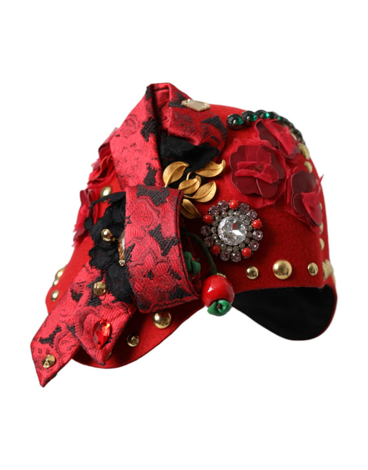 Dolce & Gabbana Red Crystal Gold Roses Brooch Embellished Hat