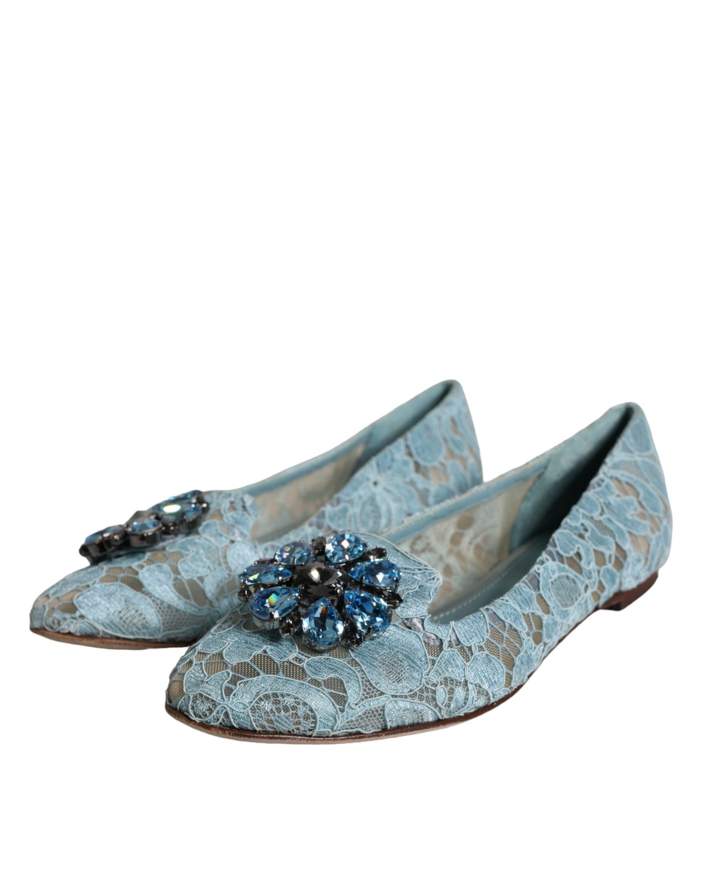 Dolce & Gabbana Blue Lace Crystal Ballet Flats Loafers Shoes