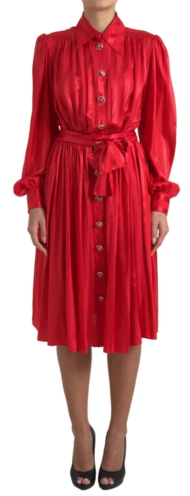 Dolce & Gabbana Elegant Red Silk Midi Dress with Button Detail