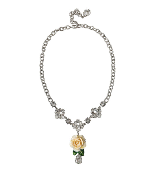 Dolce & Gabbana Silver Brass Clear Crystal Roses Pendants Necklace