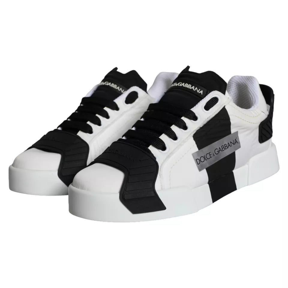 Dolce &amp; Gabbana White Black Leather Low Top Women Sneaker Shoes