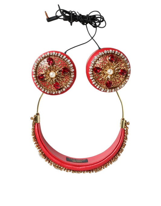 Dolce & Gabbana Red Nappa Leather Floral Crystal Headphone