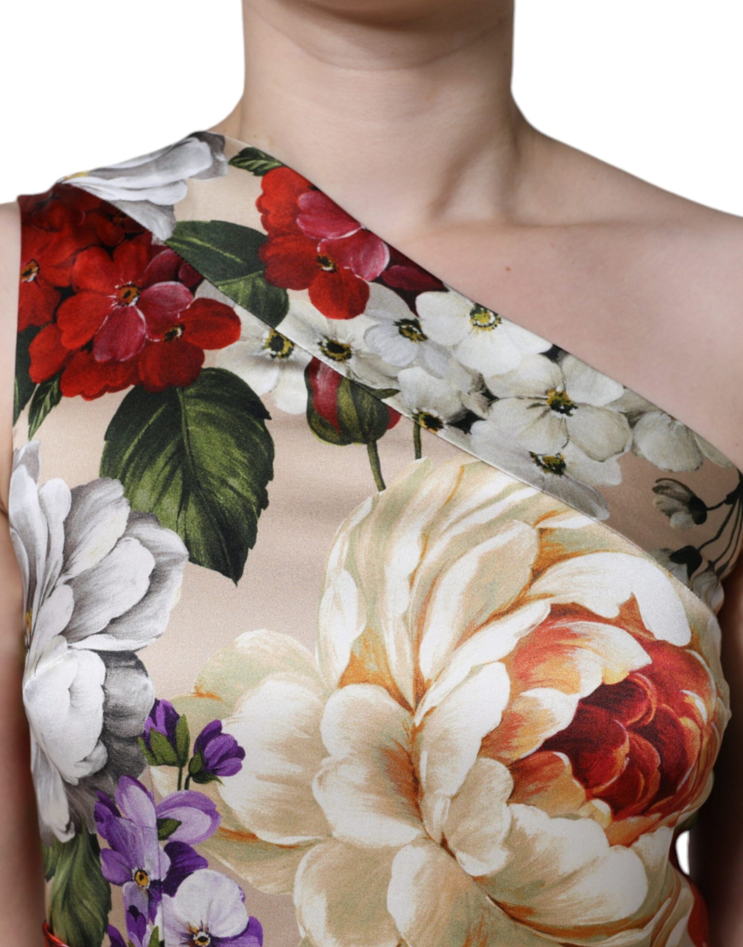 Dolce & Gabbana Multicolor Floral Silk Stretch One Shoulder Dress