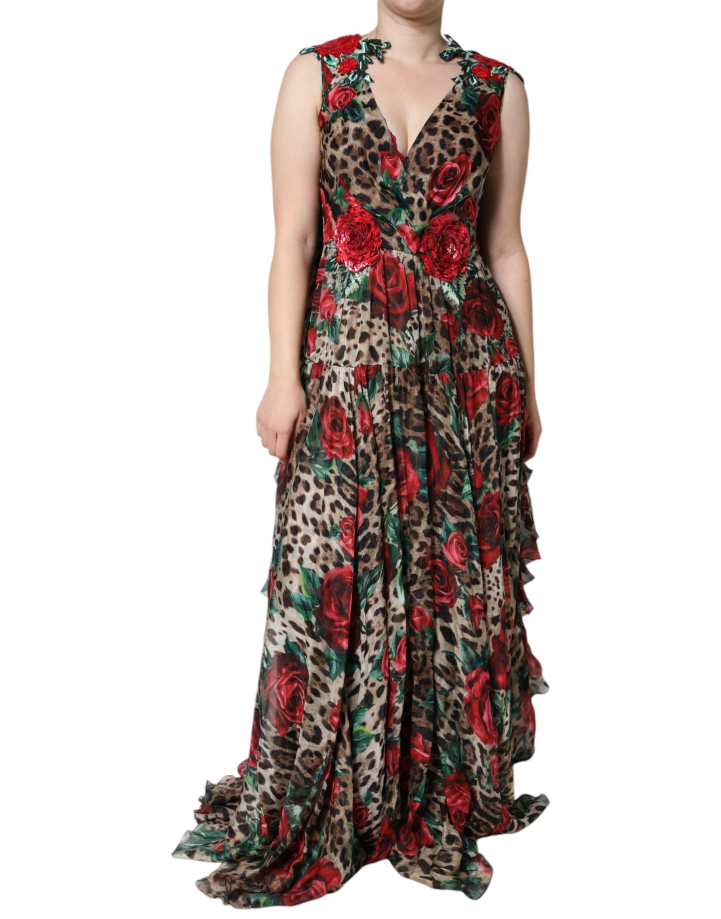 Dolce & Gabbana Brown Leopard Red Roses Silk Long Gown Dress