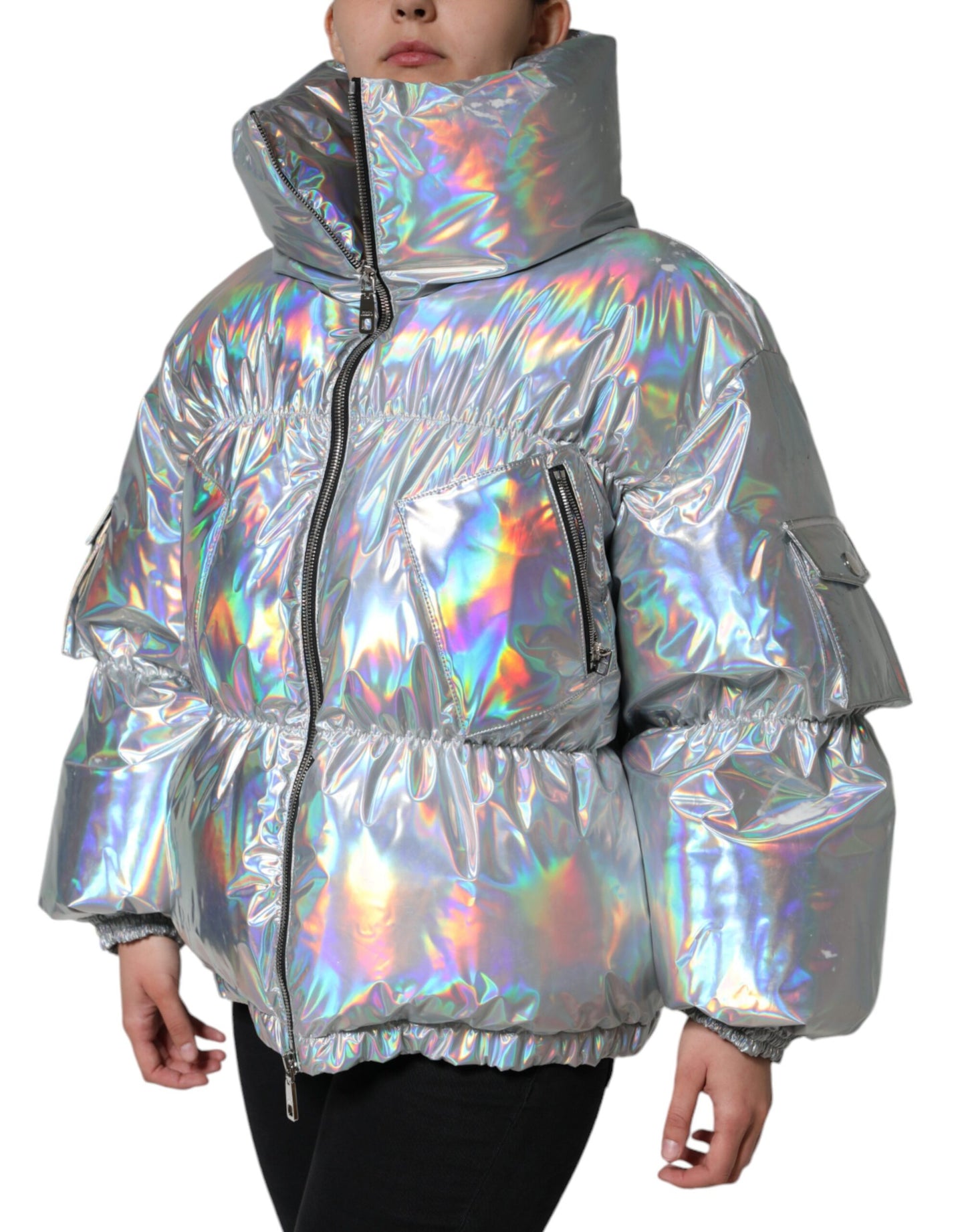 Dolce &amp; Gabbana Silver Iridescent Puffer Full Zip Coat Jacket