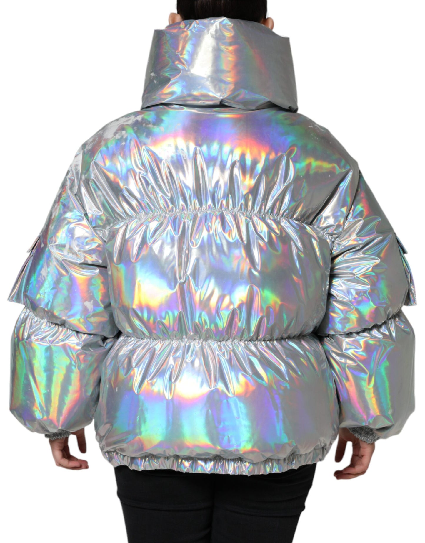 Dolce &amp; Gabbana Silver Iridescent Puffer Full Zip Coat Jacket