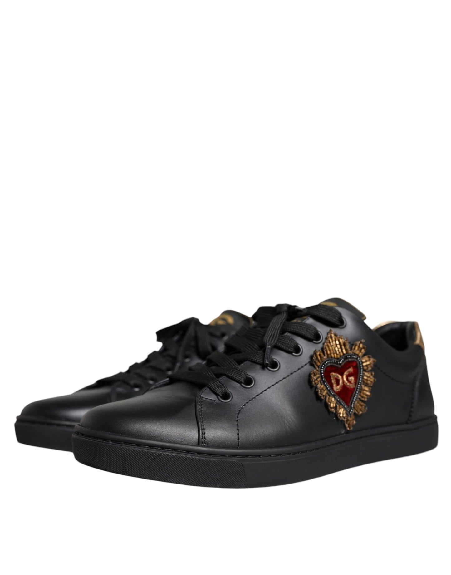 Dolce & Gabbana Black Leather Heart Low Top Casual Sneaker Shoes