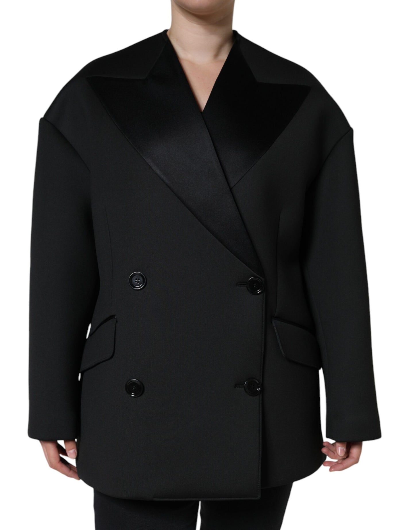 Dolce &amp; Gabbana Black Polyester Double Breasted Coat Jacket